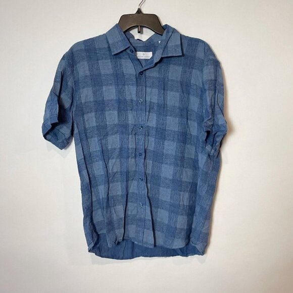 Toscano Firenze Linen Blend Plaid Button Up Shirt Mens XL Blue Short Sleeve - Picture 1 of 7